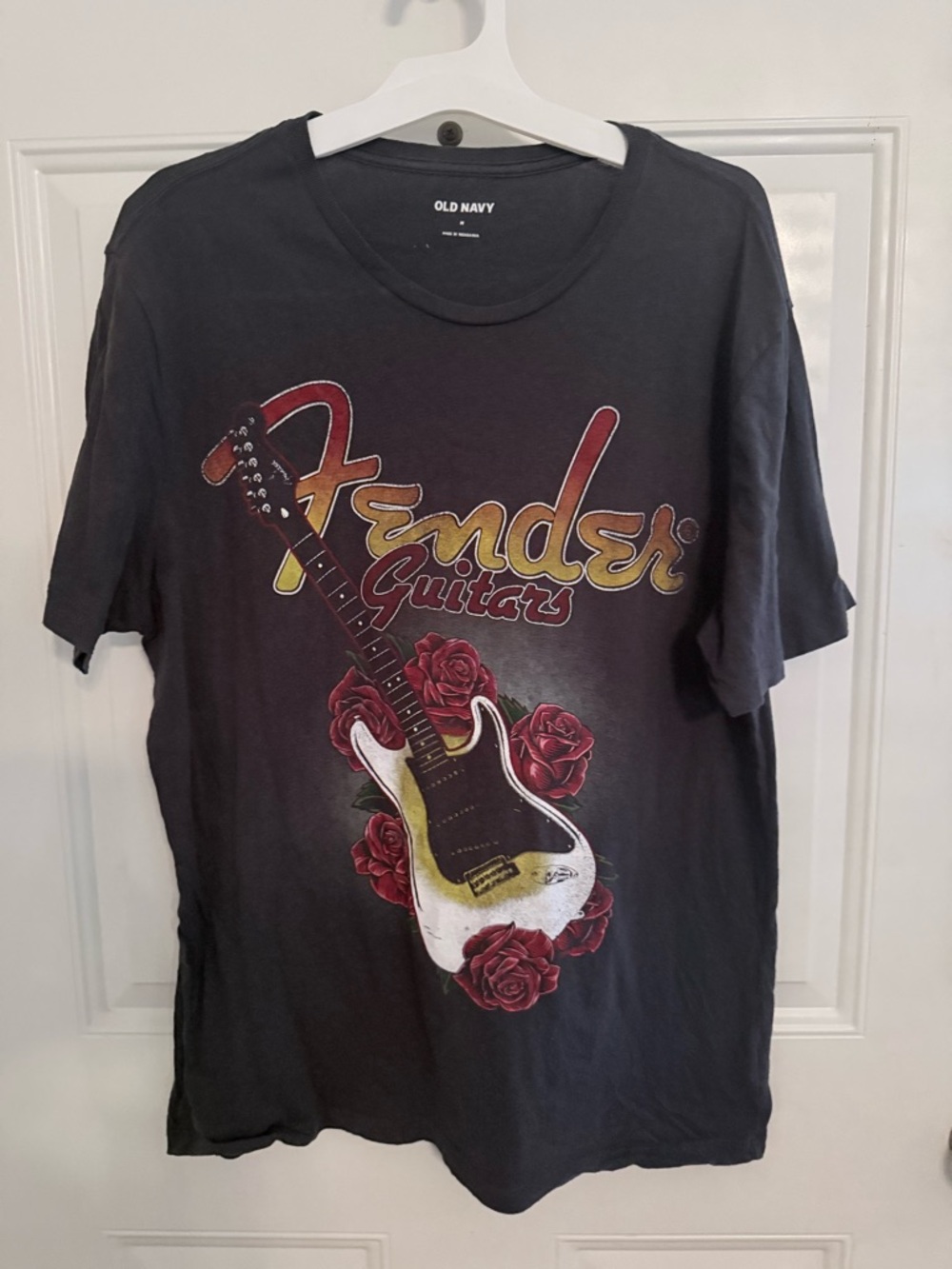 Old Navy Black Fender Guitars Graphic Tee with Red Roses